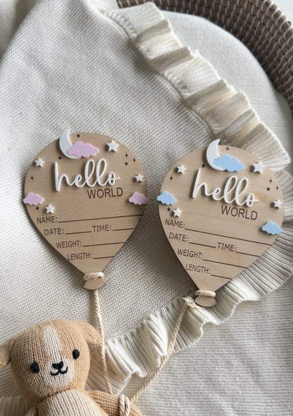 Hello World Air Balloon Baby Name Sign | Birth Announcement | Hospital Birth Announcement Sign | Moon and Name sign| Baby Boy Birth signs