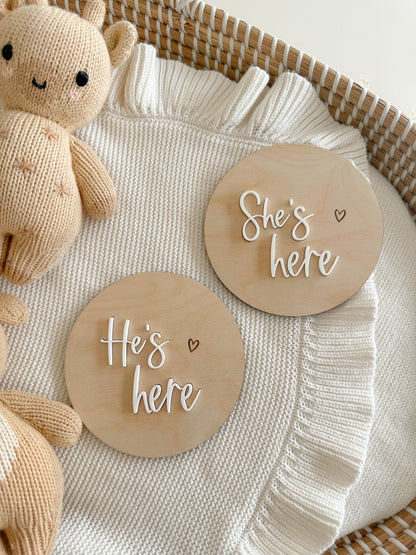 She’s here Announcement | He’s here Baby Announcement | We’re Here Gender Reveal Discs | Gender Reveal | Announcement | Baby is here announcement