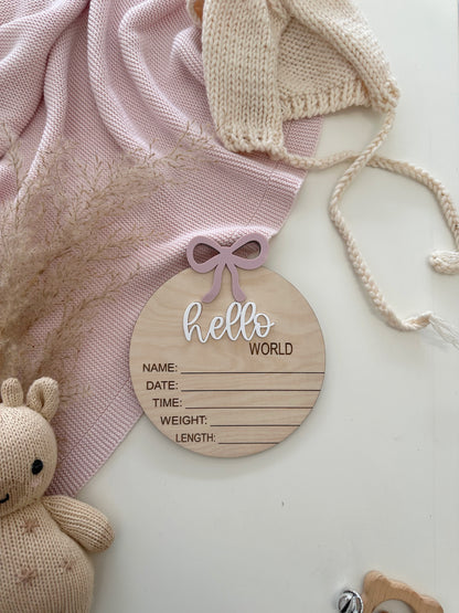 Hello World Pink Bow Birth Sign