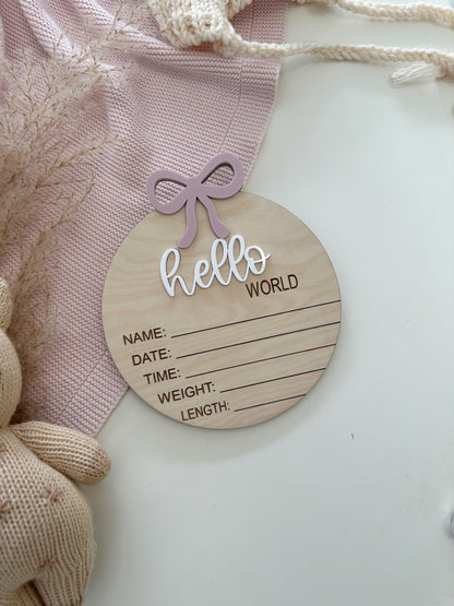 Hello World Pink Bow Birth Sign