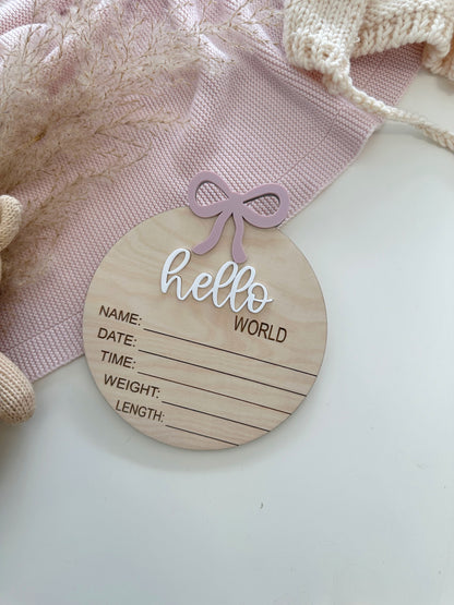 Hello World Pink Bow Birth Sign